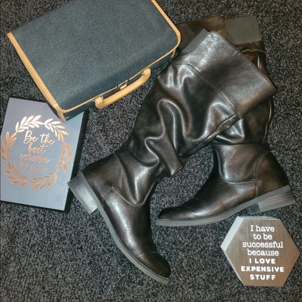 Nine West Leonora Black Leather Knee High Slouchy Boots - Picture 4 of 11